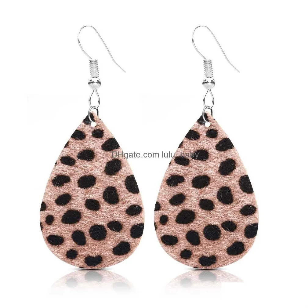 fashion leopard print leather pirecing stud earrings for women girl hollow waterdrop faux fur leathers hook dangle earring jewelry gift