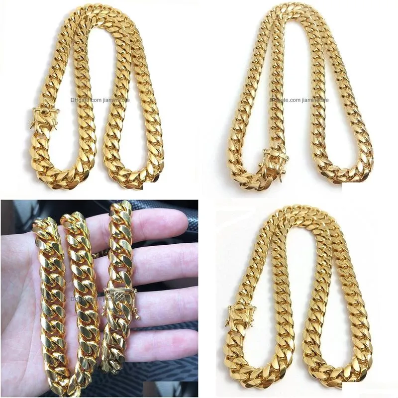 10mm/12mm/14mm  cuban link chain mens 14k gold plated chains high polished punk curb stainless steel hip hop jewelry