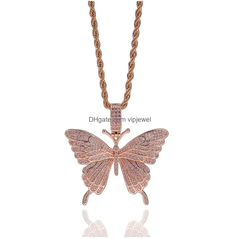 2021 fashion pink color diamond iced out cubic zirconia stones filled butterfly pendant gold silver mens hip hop jewelry