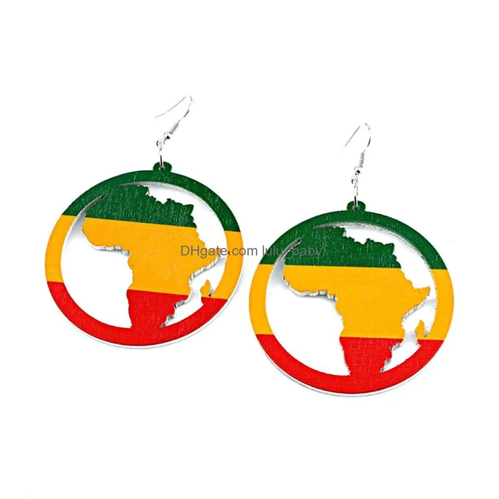 european and american creative africa map round colorful dangle earrings sliver hooks retro wood drop earrings unique design fashion jewelry