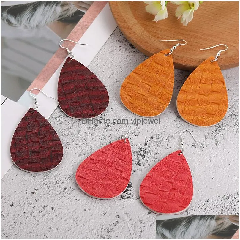 colorful weave pattern lattice pu leather dangle earring for women double side bohemian silver plating hook earring jewelry