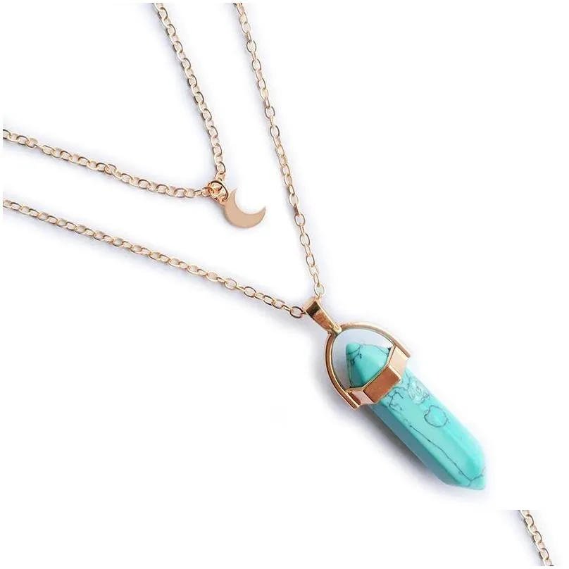 natural stones moon pendants necklace double layer gold link chains women crystal quartz bullet hexagonal prism point healing charm