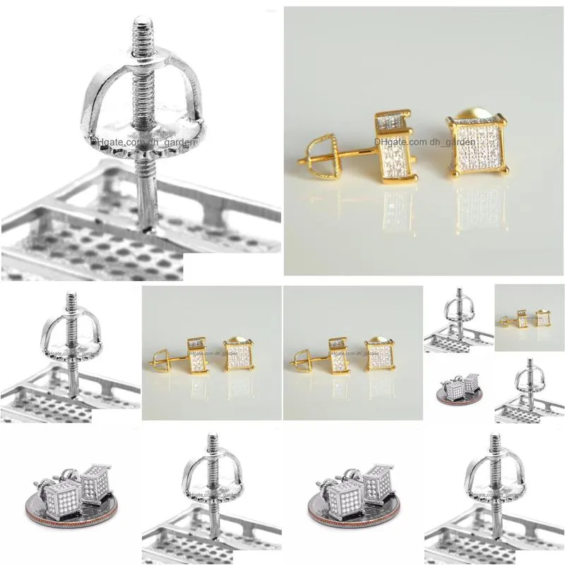 stud earrings promotion mens silver iced out tc cube box micro pave 925 sterling screw back 4 line