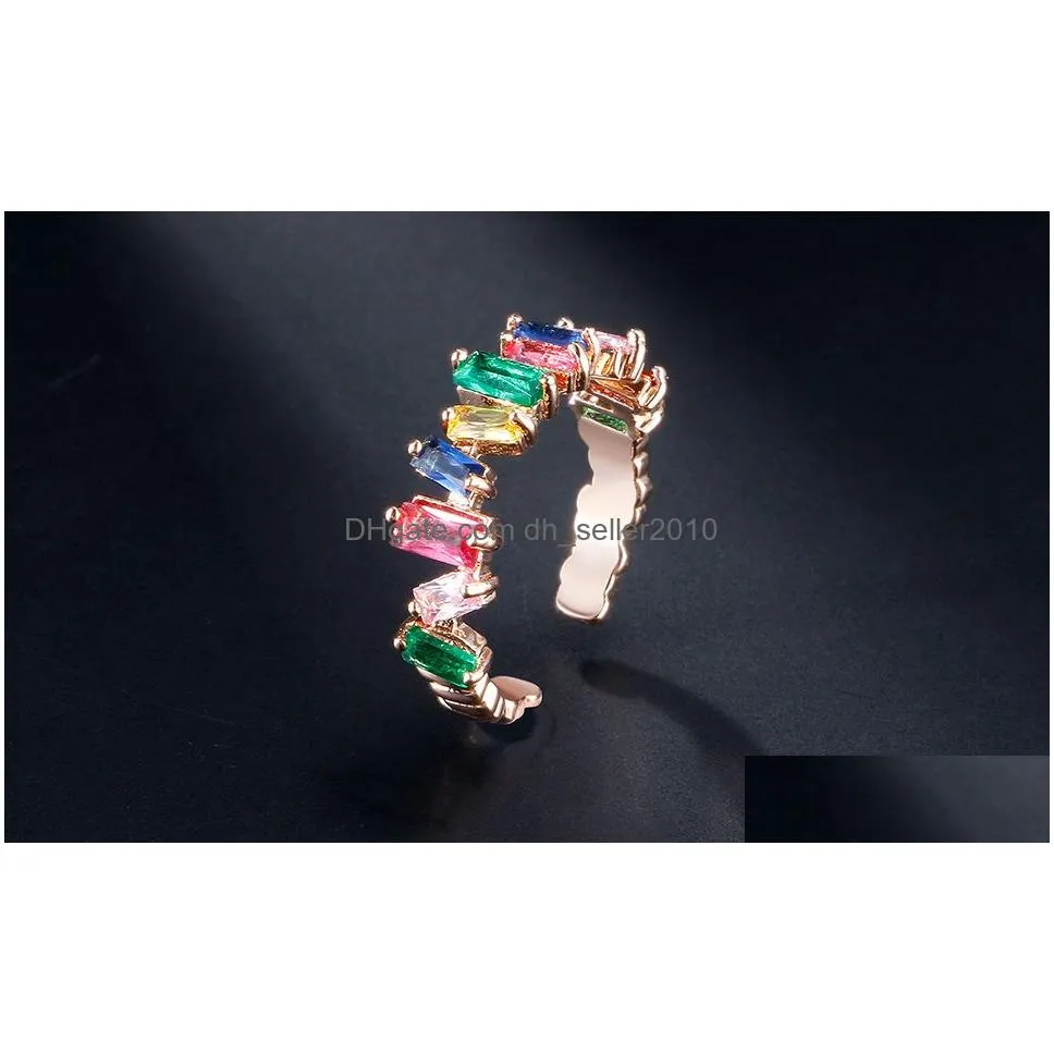 baguette cz rainbow open cuff rings exquisite colorful irregular cubic zircon finger rings engagement wedding ring party jewelry gifts