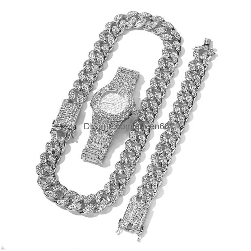 hip hop bling chains jewelry mens necklaces iced out diamond  cuban chain rose gold silver watch necklace bracelet set