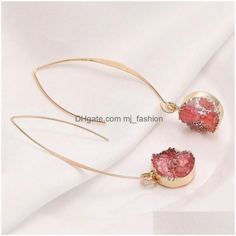 fashion design resin druzy dangle earring for women girls shell sequins drusy copper gold plating round ball shape hook drop earring