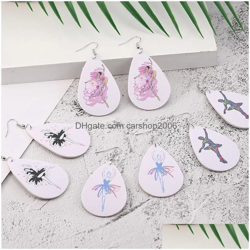 2020 unique designer pu leather dangle earrings for women girl mum love friendship dance printing earrings round waterdrop jewelry