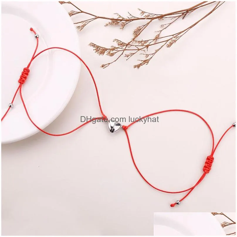 2pcs/set heartshaped magnet couple bracelet adjustable chain black red rope hand bracelet classic men women paired bracelets