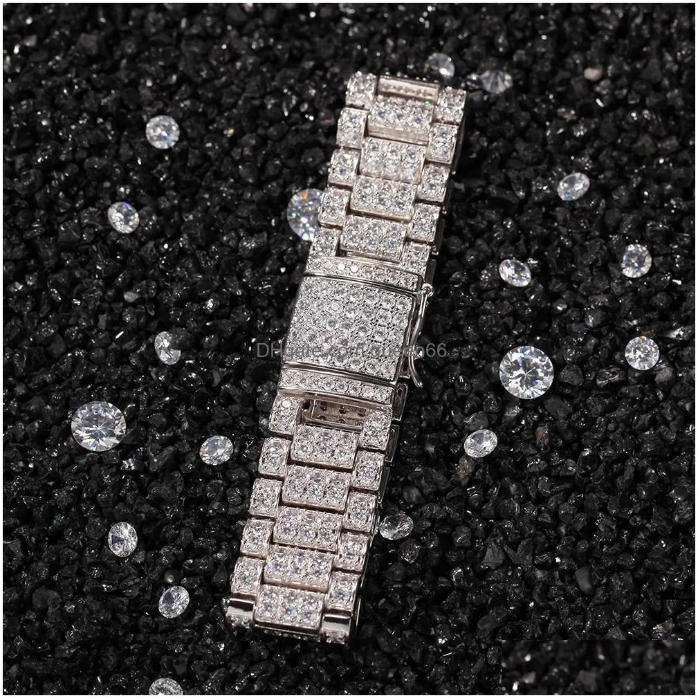 18mm wide street punk tide band bracelet micro paved cubic zirconia bling full diamond iced out gold silver watch band link chain