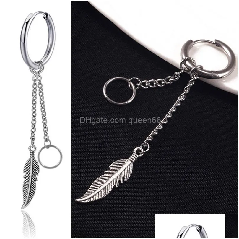 punk stainless steel tassel pendant earrings round feather cross chain earrings for women men hoop earrings fashion jewelry