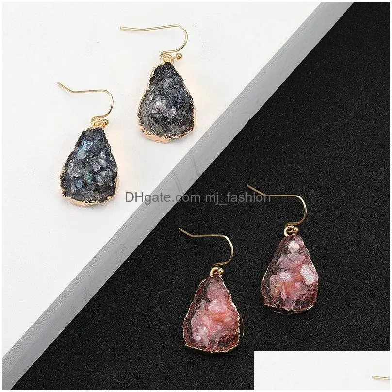 new arrival colorful resin druzy natural stone waterdrop dangle earring for women girls gold plated copper hook earring fashion jewelry