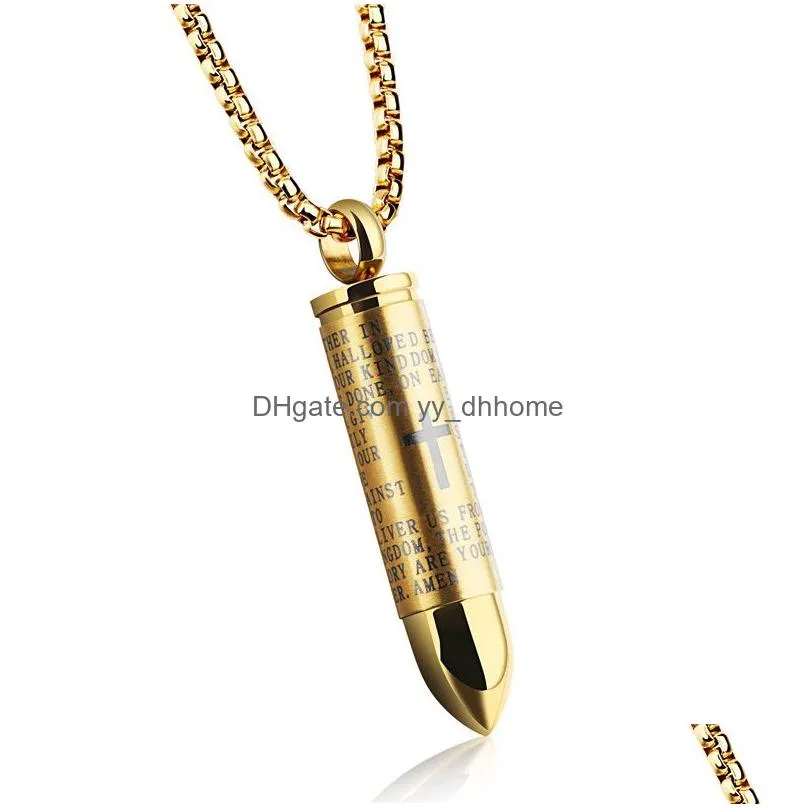 creative bullet pendant necklace for men engraved cross lord bible prayer necklace stainless steel necklace cremation ashes gift for