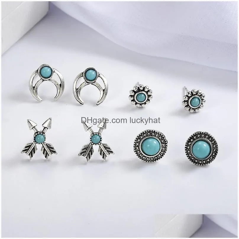 arrival 4pcs set turquoise arrow stud earring set for women bohemian crescent cross shape earring fashion jewelry set