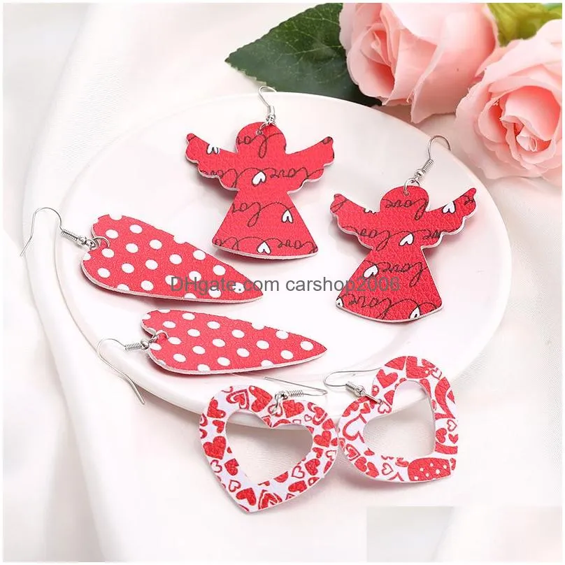 trendy love heart pendant hollow pu leather dangle earring for women valentines day gift wholesale cute birds earrings 2021