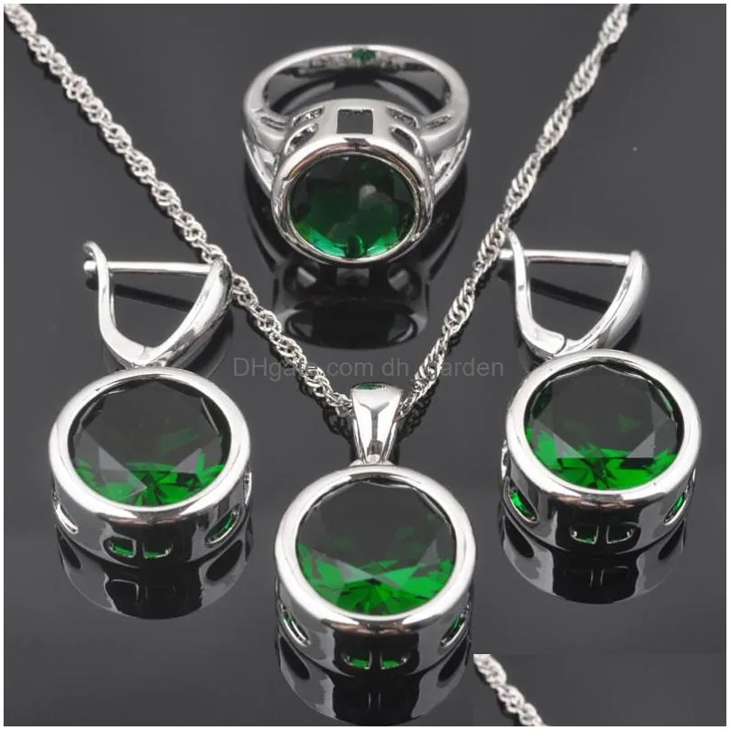 necklace earrings set round green zircon womens wedding crystal ring fast ship qz0370