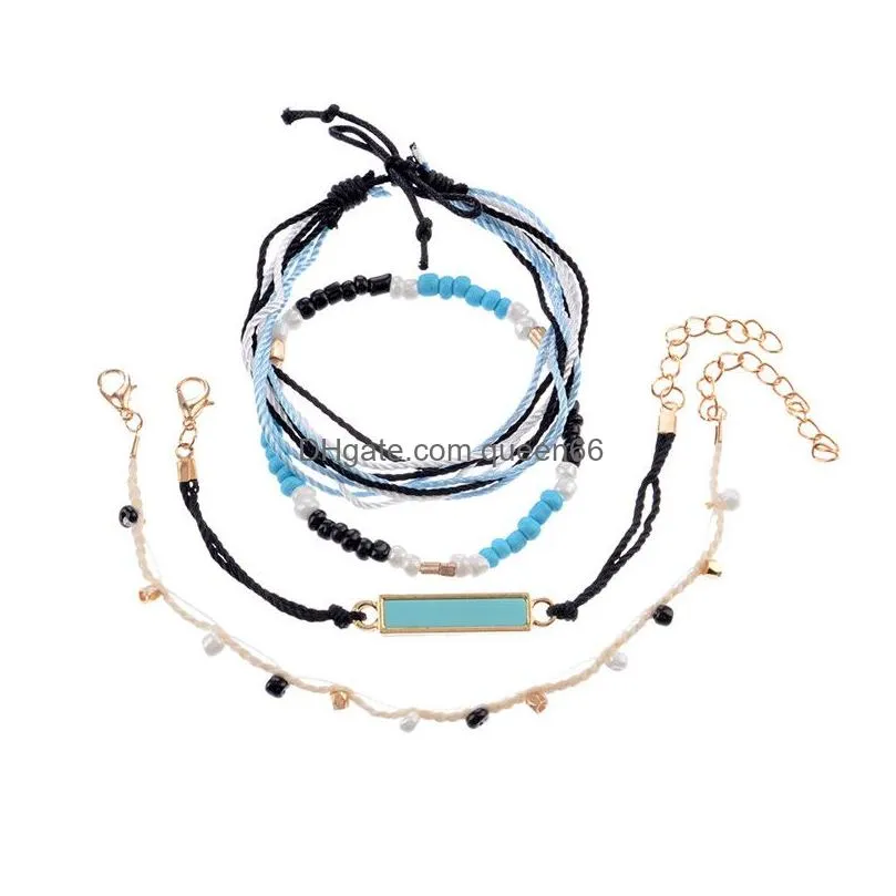 4 pcs/set bohemian ethnic blue white handmade multilayer weave wax rope friendship bracelet set for women men beads charm bracelet