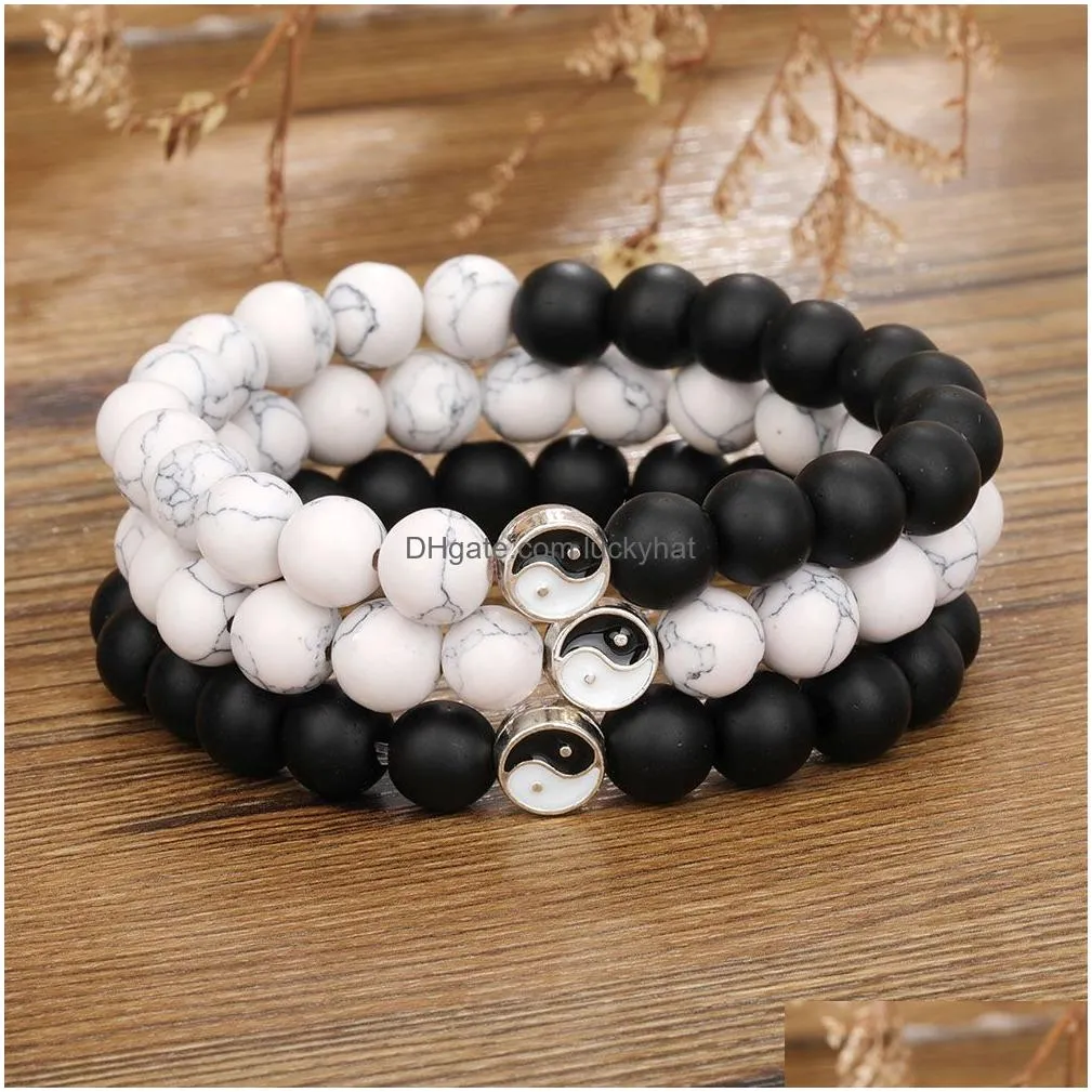 strands paired bracelets yin and yang taichi charm bracelet with natural stone tiger eye howlite beaded bangles for women men stretchy jewelry