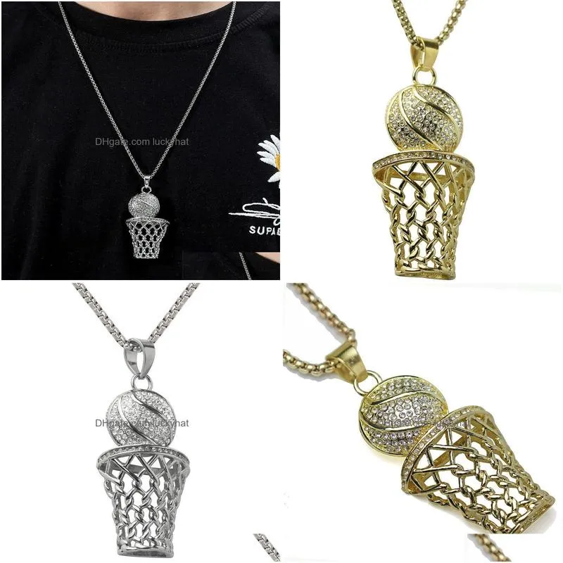 hip hop bling iced out full rhinestone basketball pendant necklace stainless steel sport long necklaces for mens jewelry