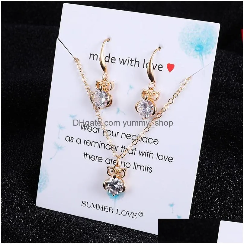  owl dancer love slippers geometric pendant chain necklece earring set for women girl gold silver zircon dangle earring necklece