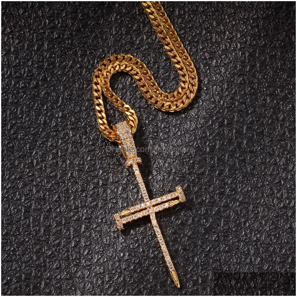 hip hop gold silver iced out cross pendant necklace for mens jewelry with stainless steel  cuban link or twist chain necklaces