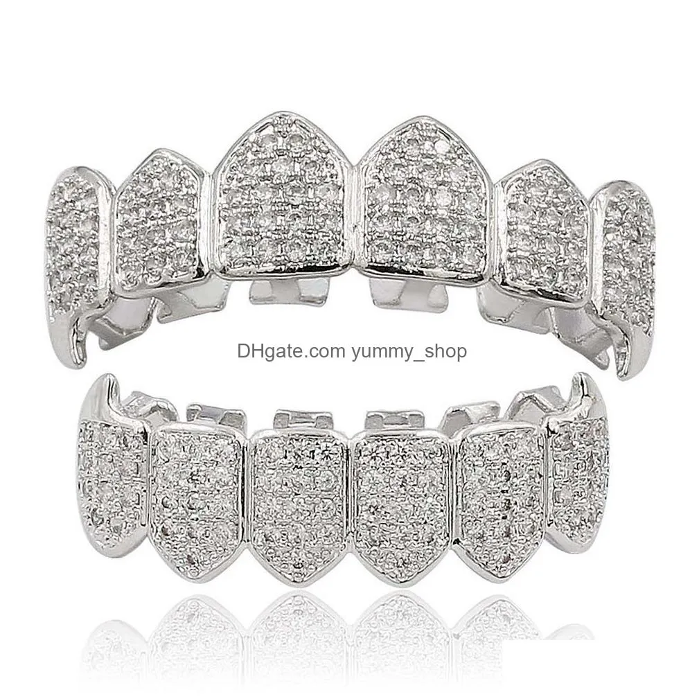 hip hop iced out cz gold teeth grillz caps top and bottom diamond tooth grillzs set for men women gift grills