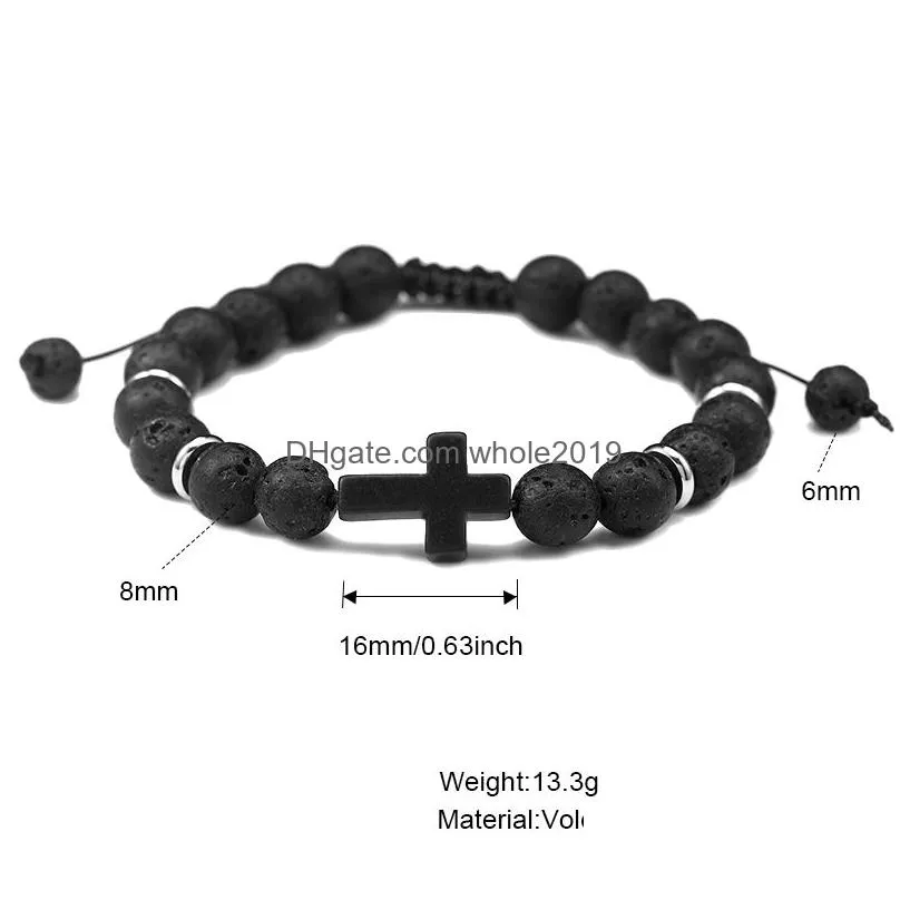 high quality natural stone agate beads bracelet for men handmade adjustable braided lava stone cross charm bracelet fashion jewelry