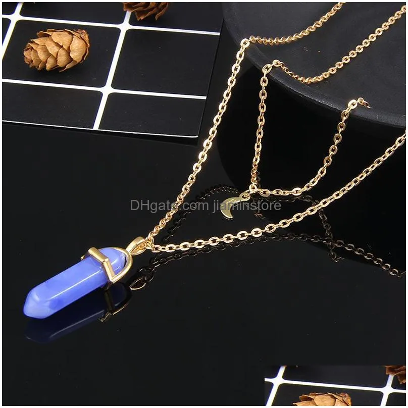 fashion geometric natural stone moon pendant high quality double layer chain necklace for women adjustable sweater accessories gifts
