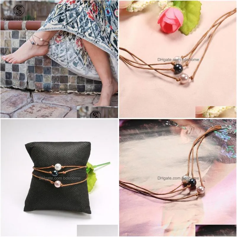 newest fashion black white pearl pendant anklet for women bohemian handmade woven wax rope multilayer anklets adjustable bracelet jewelry