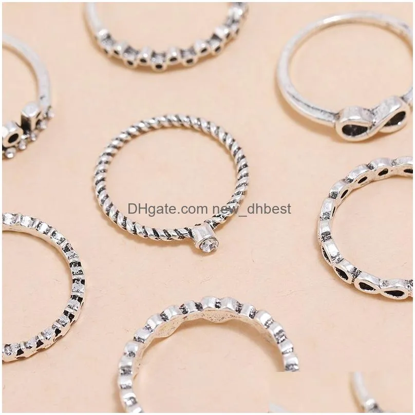 9pcs/set vintage wing star heart shape knuckle ring set elegant letter finger hollow ring female bohemian design for women fashion