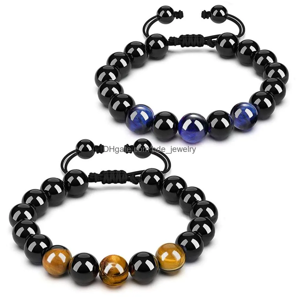 6pcs classic blue tiger eye natural stone strands bracelets adjustable size 8mm 10mm braided onyx beaded bracelet men women couple jewelry gifts