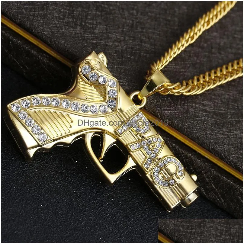 hip hop iced out pendant necklace jewelry gold chain gun shape pistol pendant necklace for men