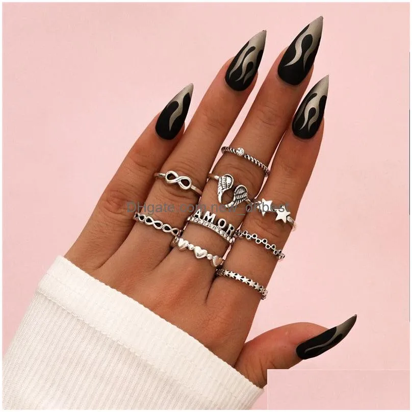 9pcs/set vintage wing star heart shape knuckle ring set elegant letter finger hollow ring female bohemian design for women fashion