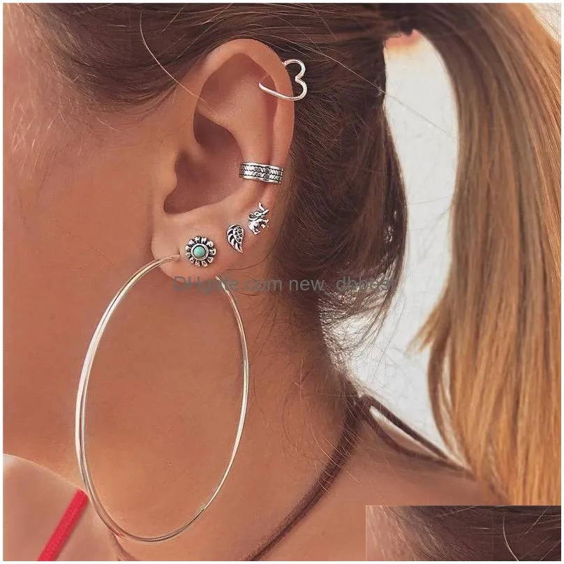 7 pcs/set silver turquoise circle heart elephant stud earrings for women big hoop dangle earring fashion jewelry gift