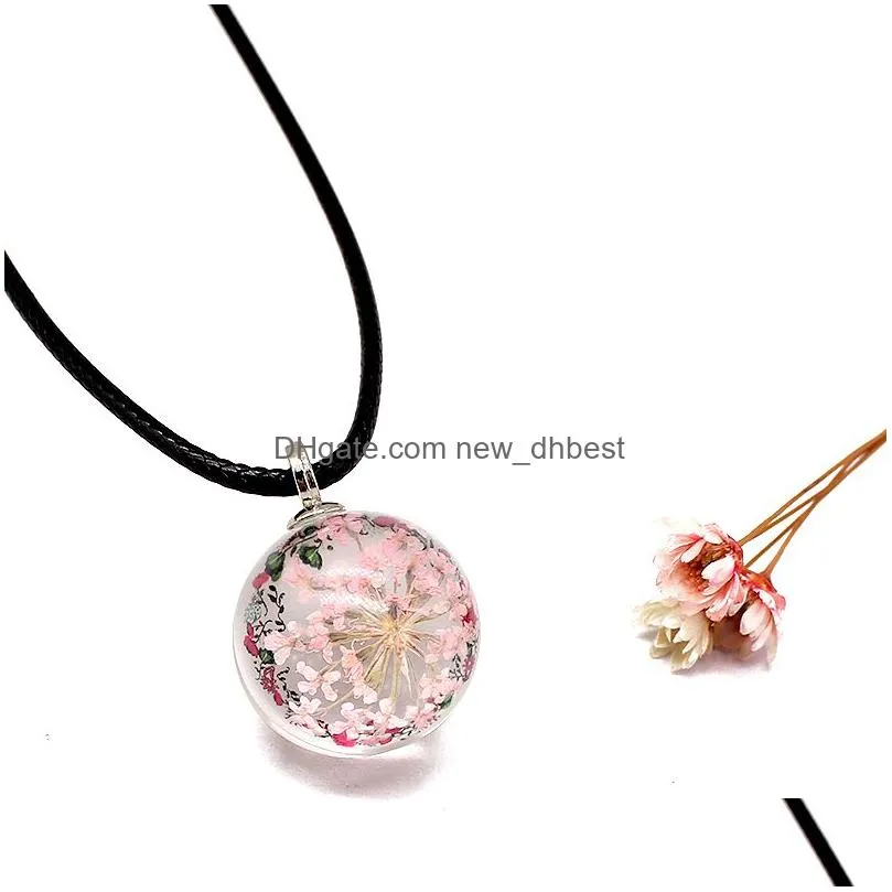 fantasy ball shape dried flower glass pendants necklace for women girls high quality black leather rope necklace fashion jewelry gift