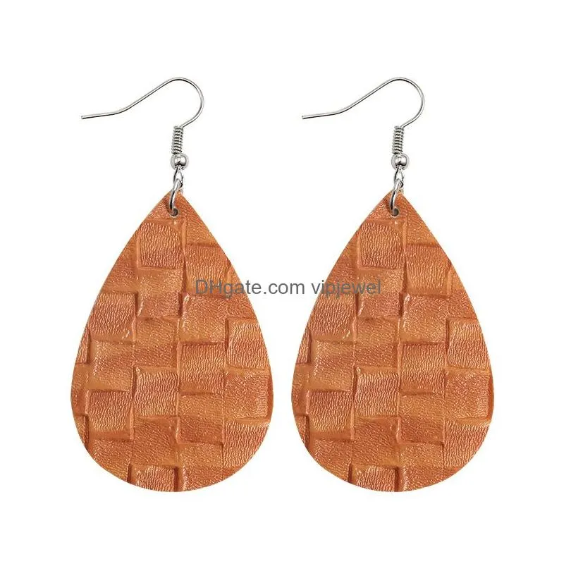 colorful weave pattern lattice pu leather dangle earring for women double side bohemian silver plating hook earring jewelry