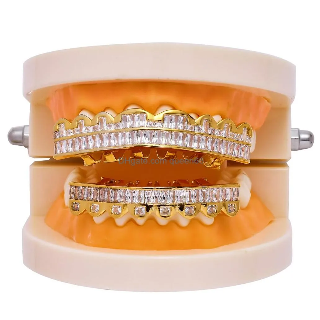 8 teeth square zirconium gold plated with diamond tooth grillz silver color bling aaa cubic zircon grills dental mouth hip hop fashion jewelry rapper