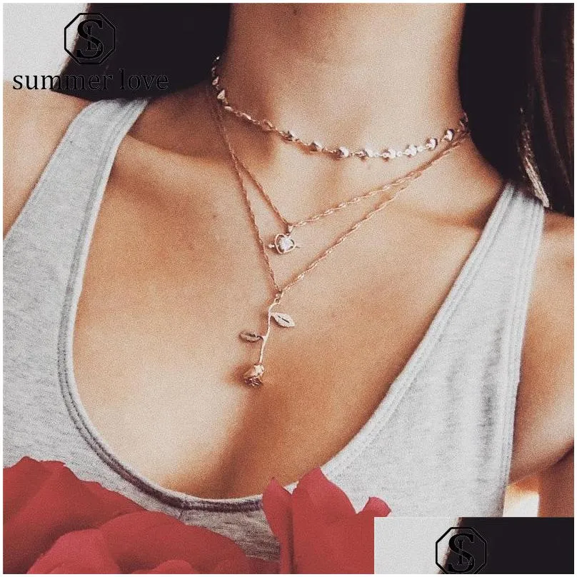  peach heart cupid love rose flower pendant necklace for women fashion multilayer necklace set jewelry gift