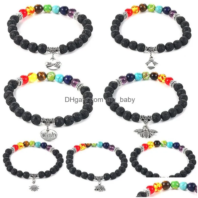 black lava stone beads charm bracelet for women men 7 chakras fashion heart love friendship elephant pendant energy yoga elastic