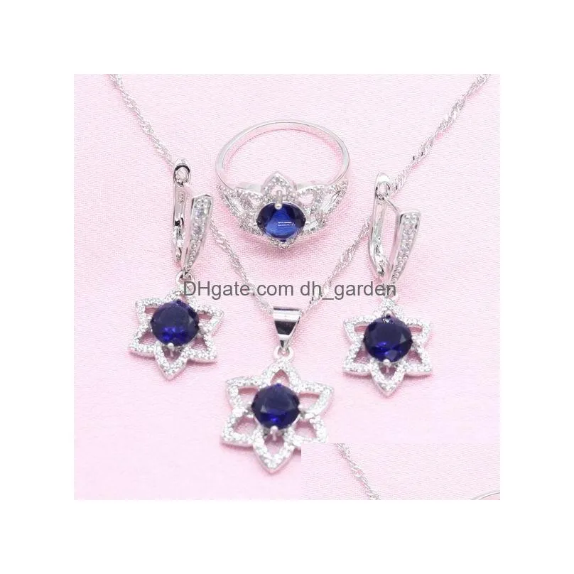 necklace earrings set star shape royal blue cz 925 silver bridal for women earring pendant ring bracelet