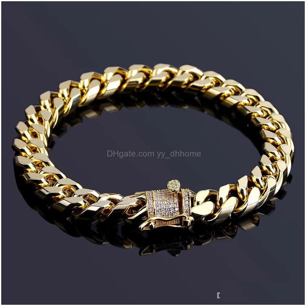 10mm  cuban link iced out gold silver bracelets hip hop bling chains jewelry mens bracelet