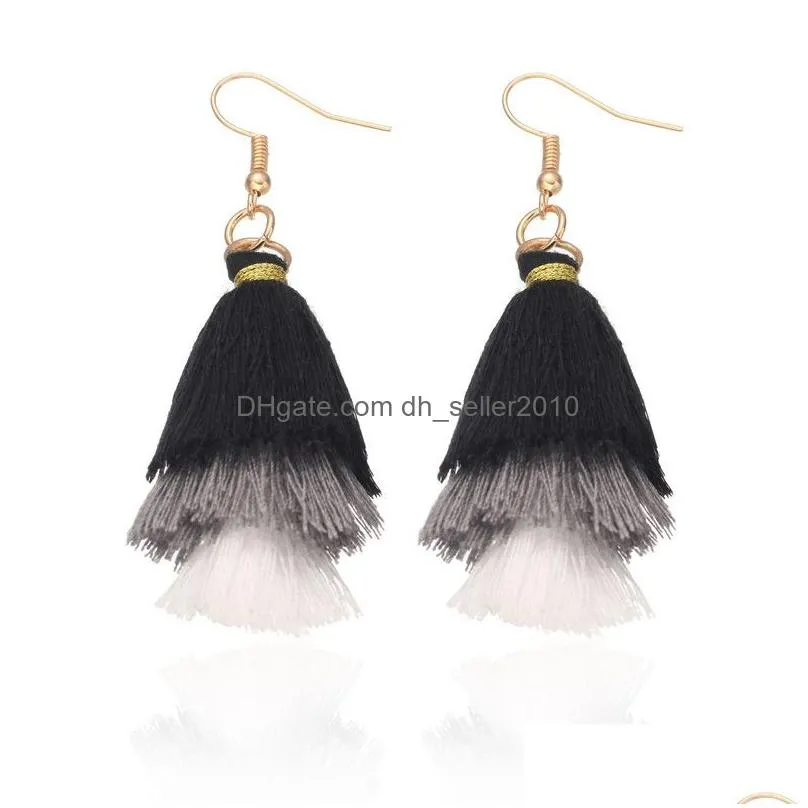 unique design three layer cotton thread earrings for women fashion colorful bohemian tassel earrings party wedding jewelry christmas