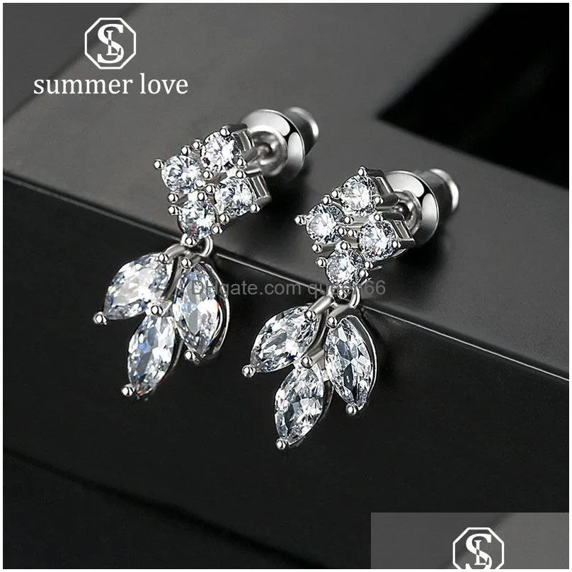 fashion designer jewelry women earrings flower leaf cz dangle earrings square cubic zirconia chandelier wedding engagement jewelry