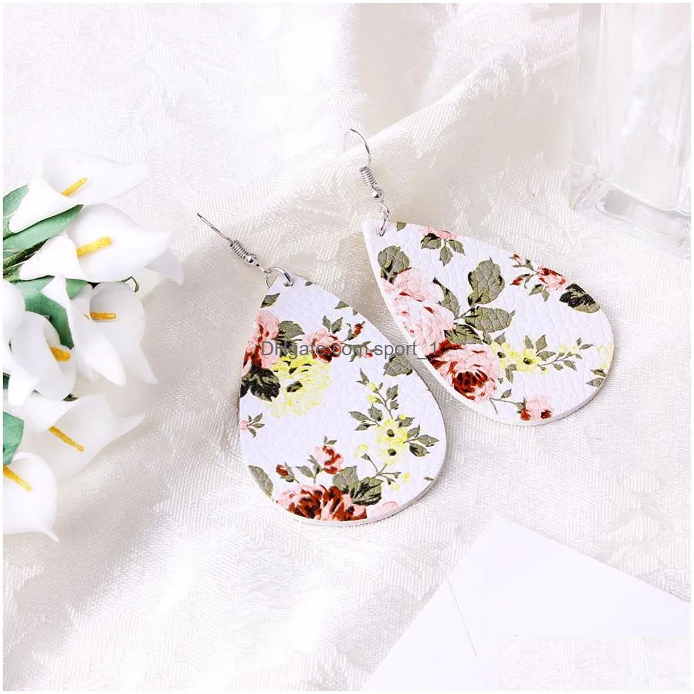 2019 trendy printing floral pu leather teardrop dangle earring 6 color boho style womens earring fashion jewelry gift