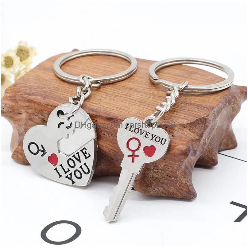 2pcs set alloy heart keychain i love you couple key chain lovers pendant key ring keychains for girls and boys 