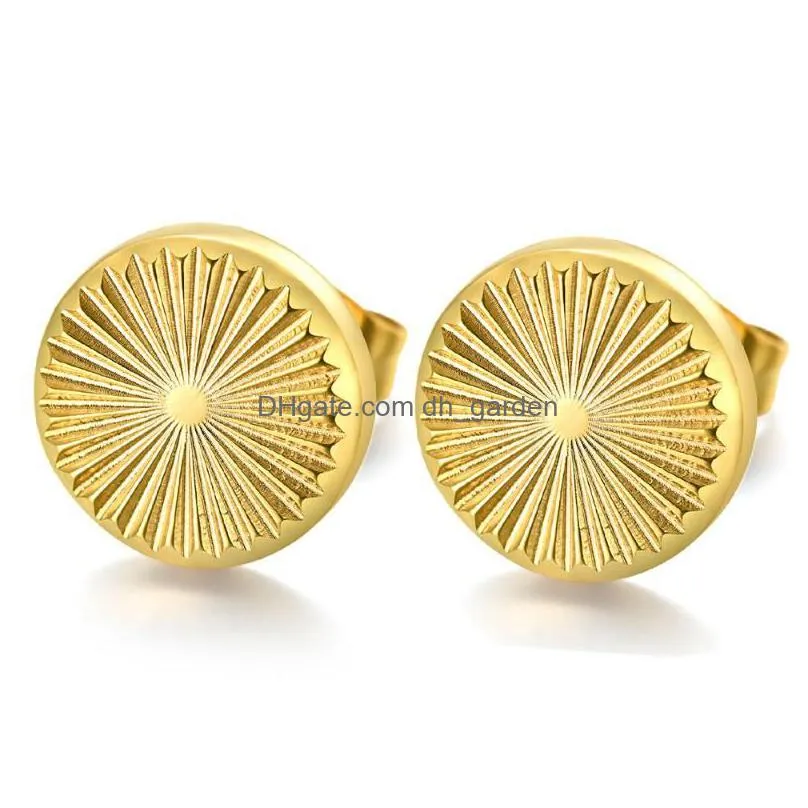 stud earrings 8mm high polished sun light source trendy gold plated stainless steel mens and womens couple