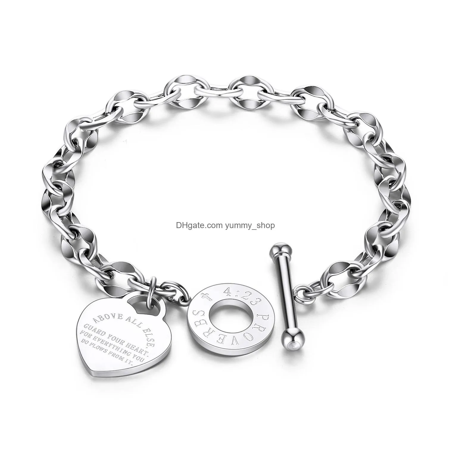 2021 est arrival stainless steel chain bracelets engraved words personalized heart o letter love bible proverbs link bracelet women jewelry