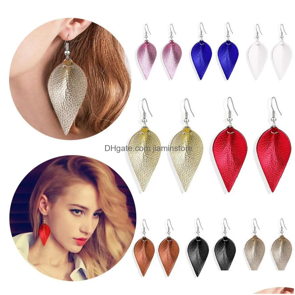 pure face leopard leather teardrop leaf dangle hook earrings print punk style women faux for female party jewelry gift