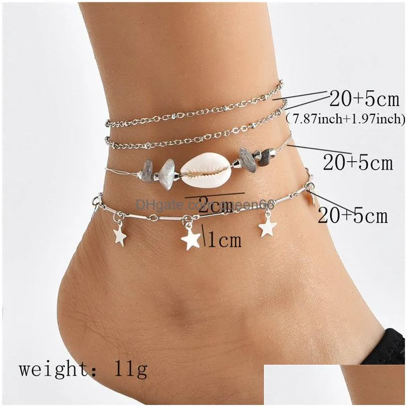 4 pcs/set vintag silver beads chain women anklets boho star natural shell stone ankle bracelet on the leg beach foot jewelry