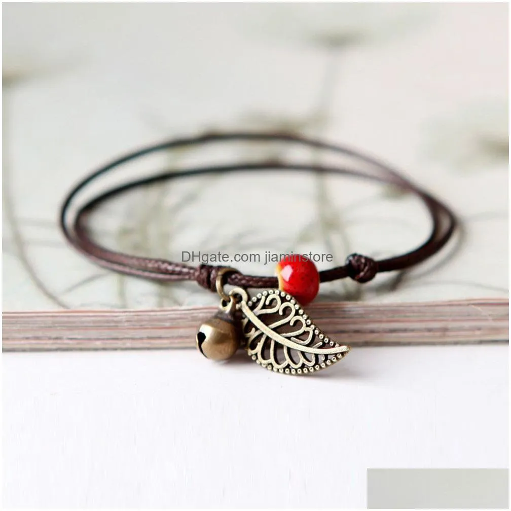 handmade wax rope ceramic bead retro bell leaf charm bracelet anklet for women adjustable size ethnic style fashion ladys jewelry