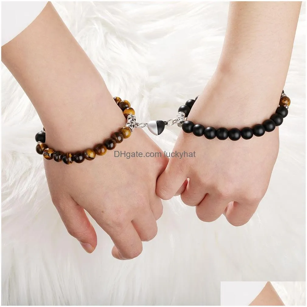 newest fashion 2pcs /set natural stone couple beaded strands bracelets designed for lovers magnet attact each other women men friendship